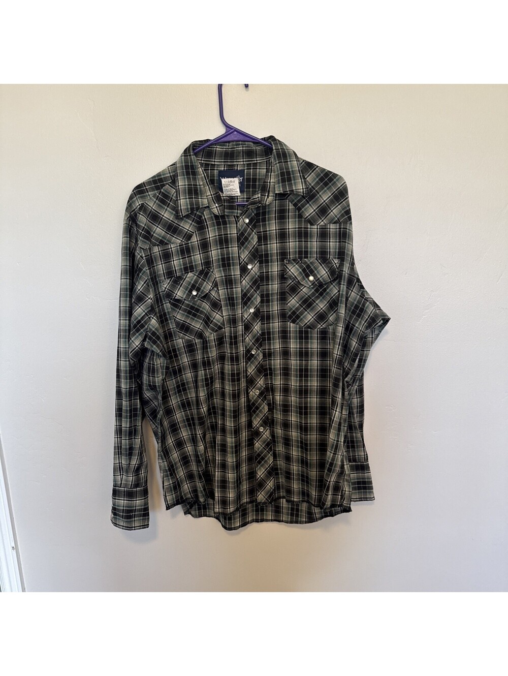 Wrangler Western Shirt Mens XL Pearl Snap Navy Blue Forest Green Rodeo